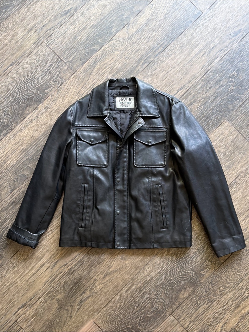 Levi’s Men’s Medium Faux Leather Jacket Black Full Zip Snap Front Collared